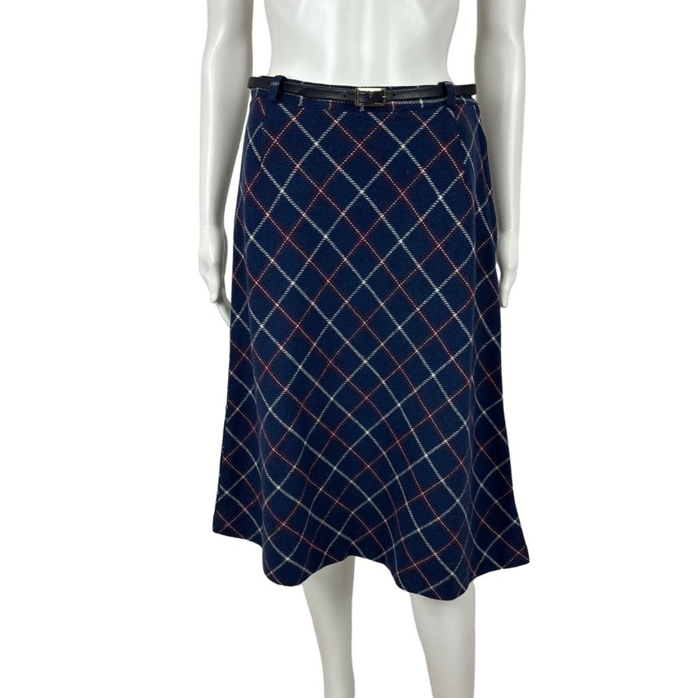 Vintage 70s Checkered Skirt Women's Small Wool Blue Red Academia Belted A Line